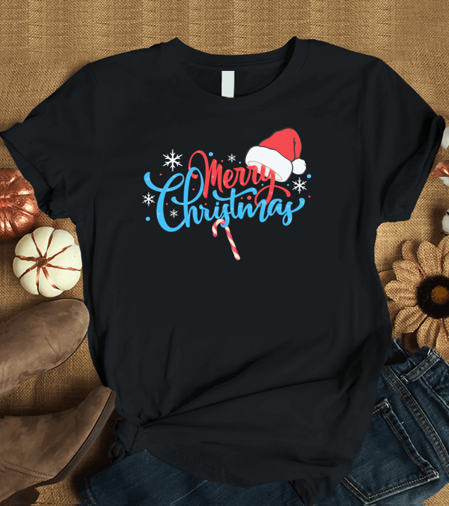 Merry Christmas Santa's Hat with Candy Cane Snowflakes T-Shirt