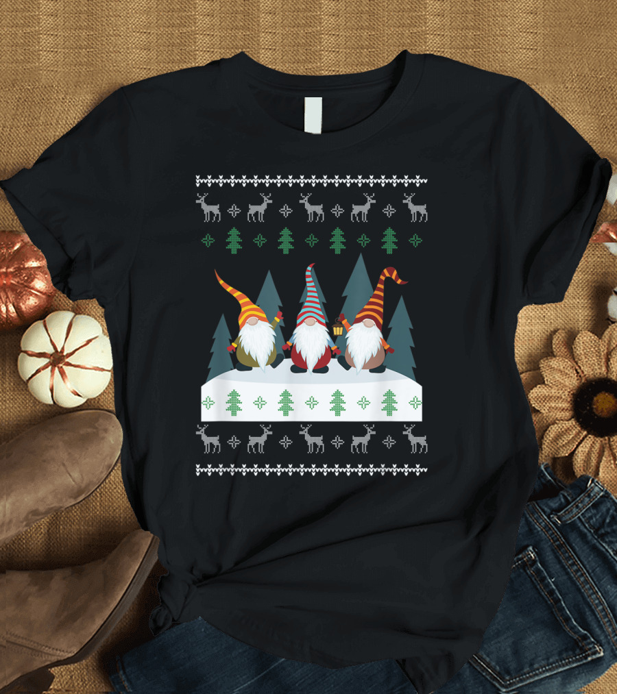 Cute Garden Gnomes Xmas Elf Holiday Festive Winter Scene with Reindeer and Trees T-Shirt