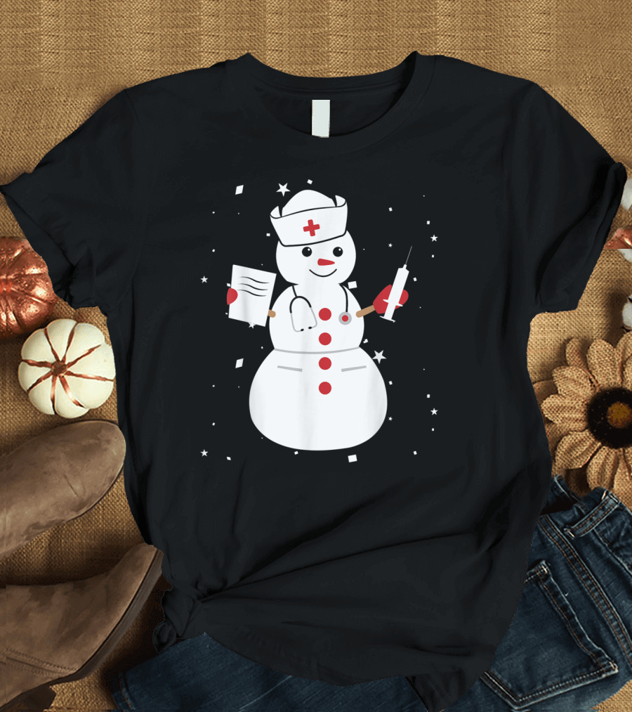 Snowman Nurse with Syringe and Clipboard Christmas Winter Cute T-Shirt