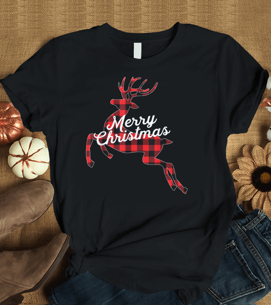 Merry Christmas Reindeer Red Plaid Family T-Shirt