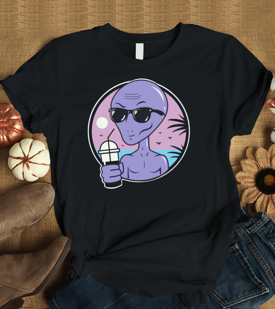 Area 51 Alien Drinking Coffee With Sunglasses at Sunset T-Shirt