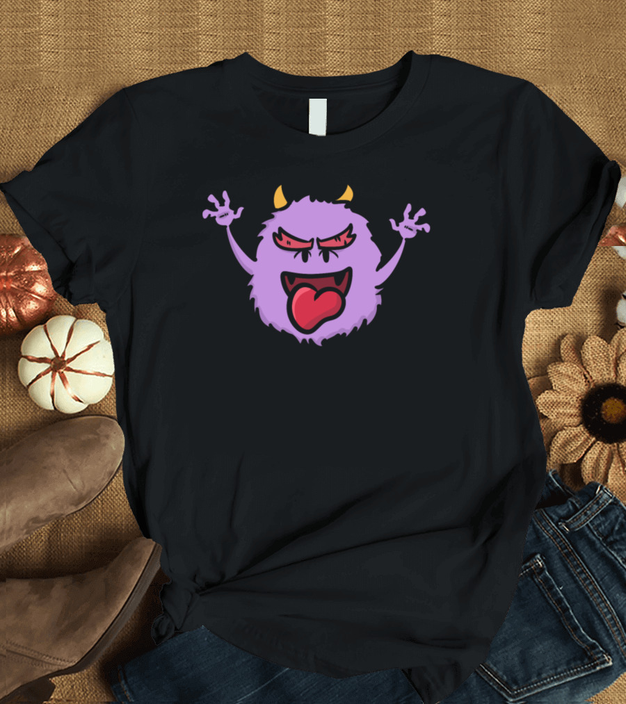 Ball Monster Halloween Day Furry Purple Monster with Horns and Tongue Out T-Shirt