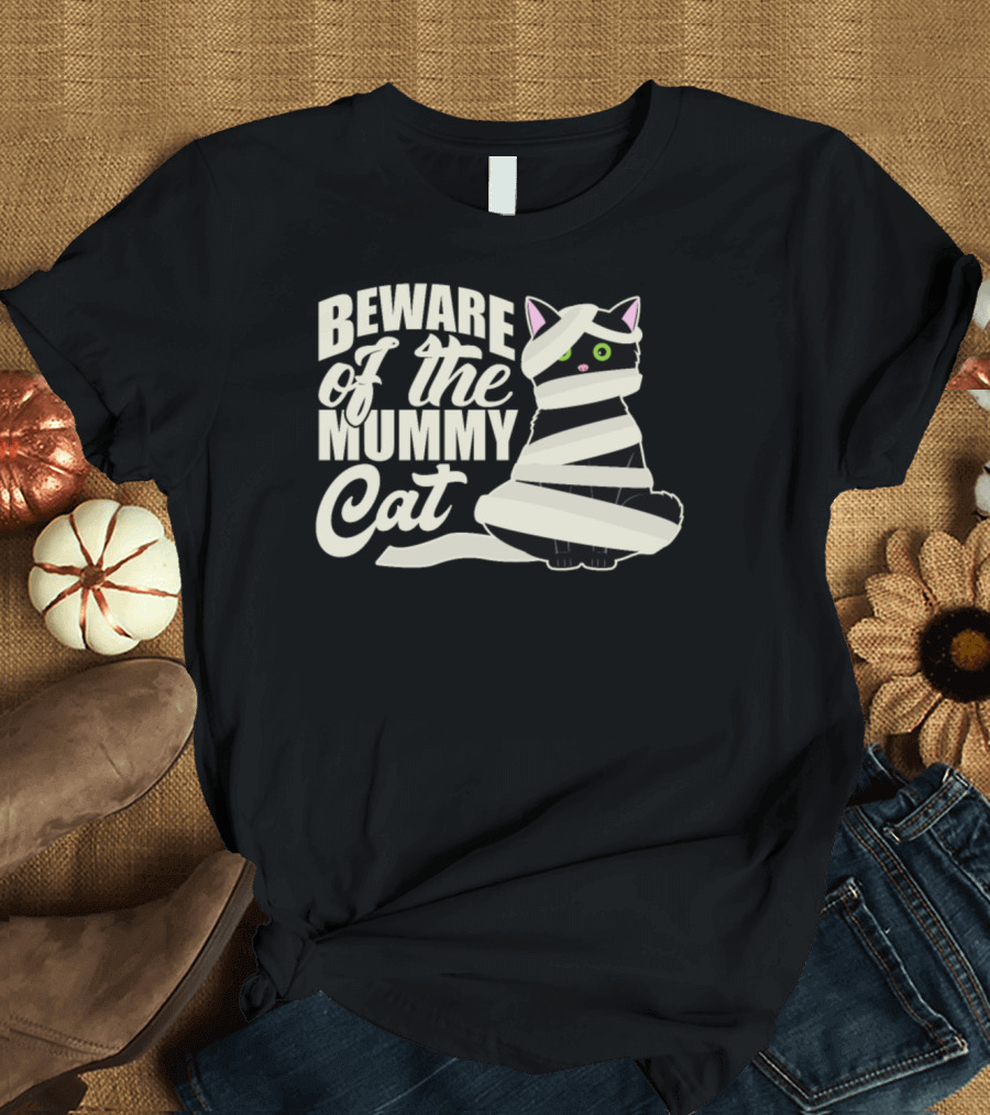 Beware of the Mummy Cat Halloween Mummy Wrapped Feline Warning T-Shirt