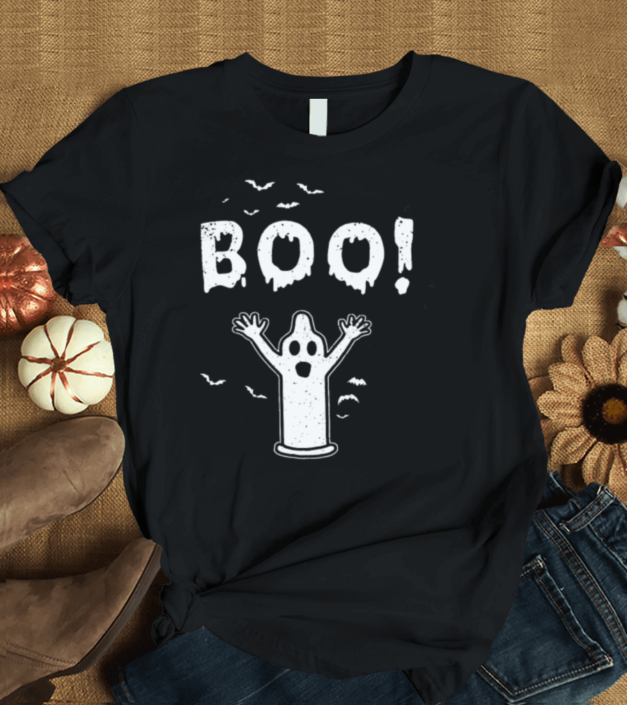 BOO Ghost Funny Halloween Condom Cool Spooky Ghost Bats T-Shirt