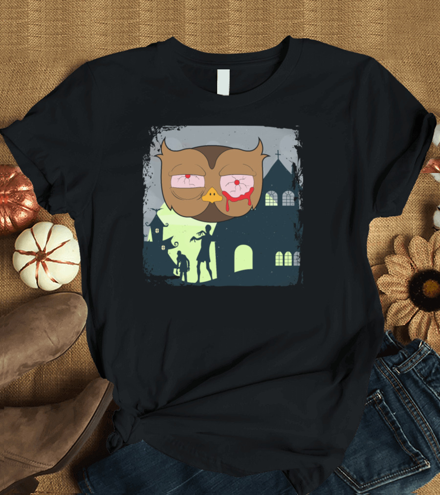 Creepy Halloween Animals Owl Zombie Night Scene T-Shirt
