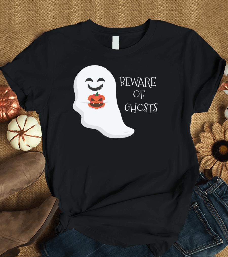 Beware of Ghosts Cute Pumpkin Face Ghost T-Shirt