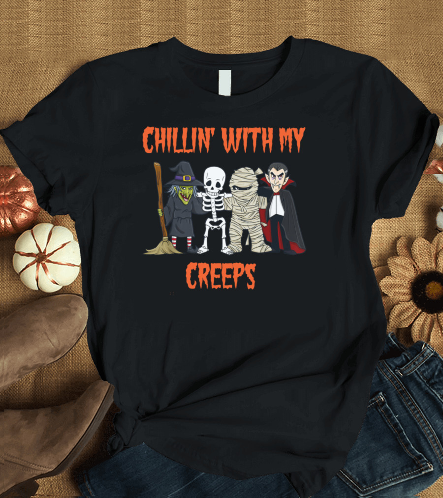 Chillin With My Creeps Witch Skeleton Mummy Vampire T-Shirt