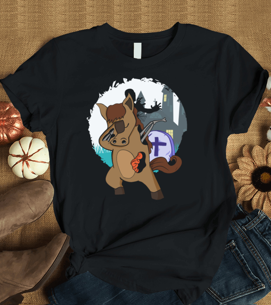 Halloween Dabbing Horse with Zombie Graveyard Elements T-Shirt