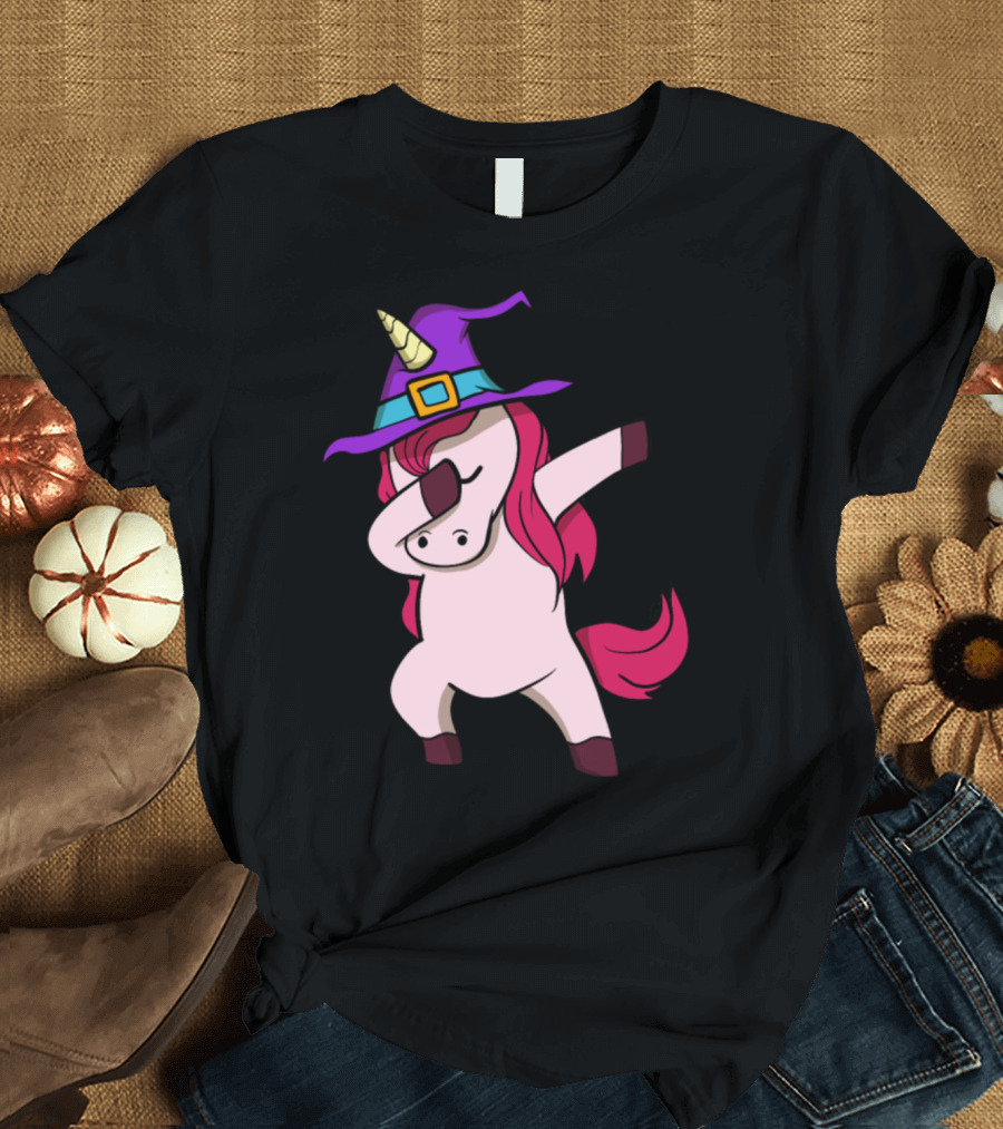 Dabbing Unicorn with Witch Hat Halloween Animals T-Shirt