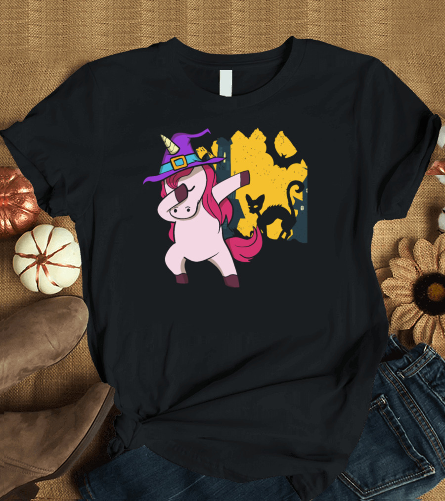 Dabbing Unicorn Witch with Halloween Black Cat and Bat Scene T-Shirt