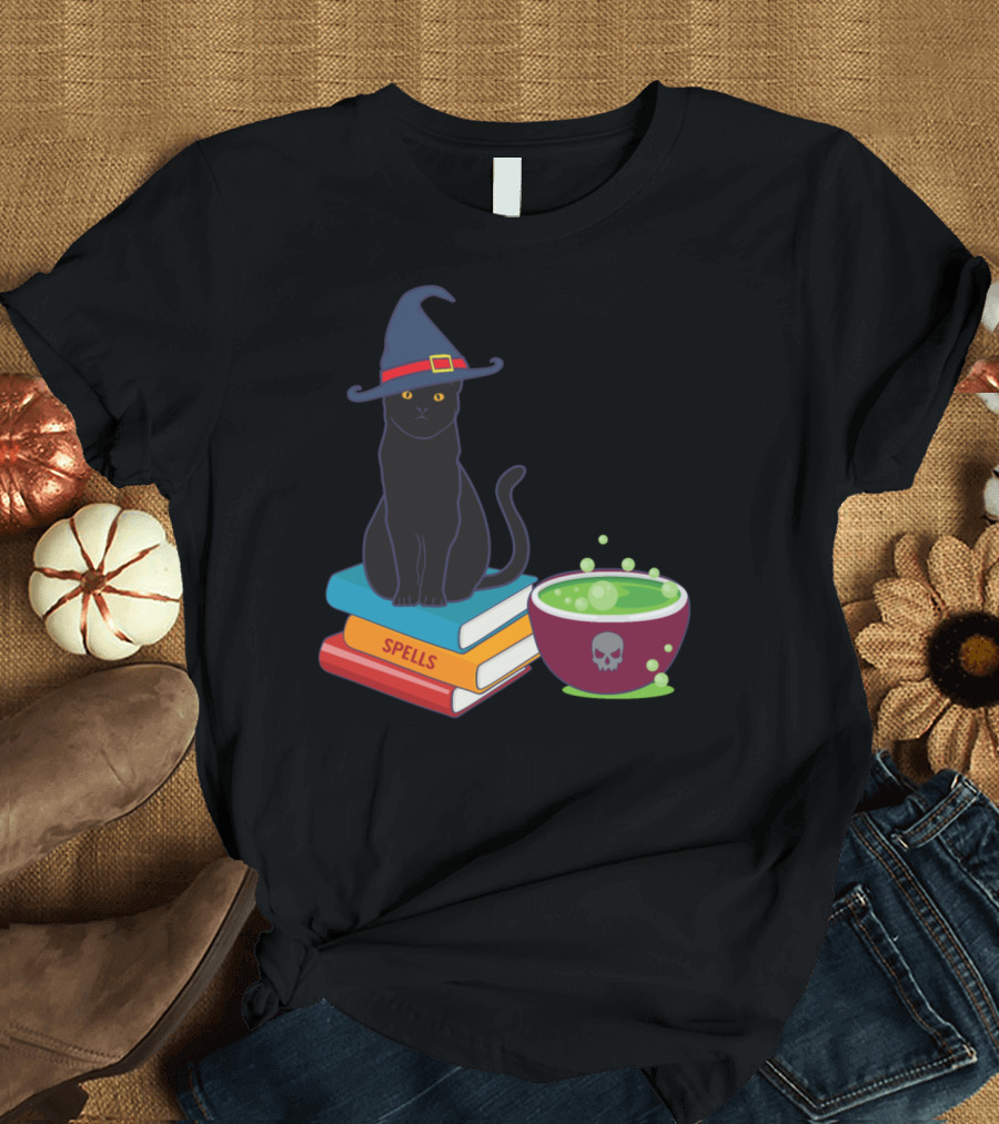 Black Cat Witch Hat Spell Books Potion T-Shirt