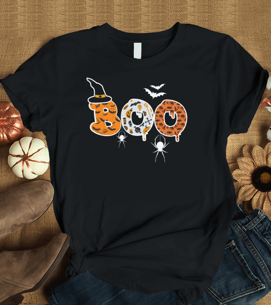 Boo Text with Witch Hat Bat and Spider Elements for Halloween T-Shirt