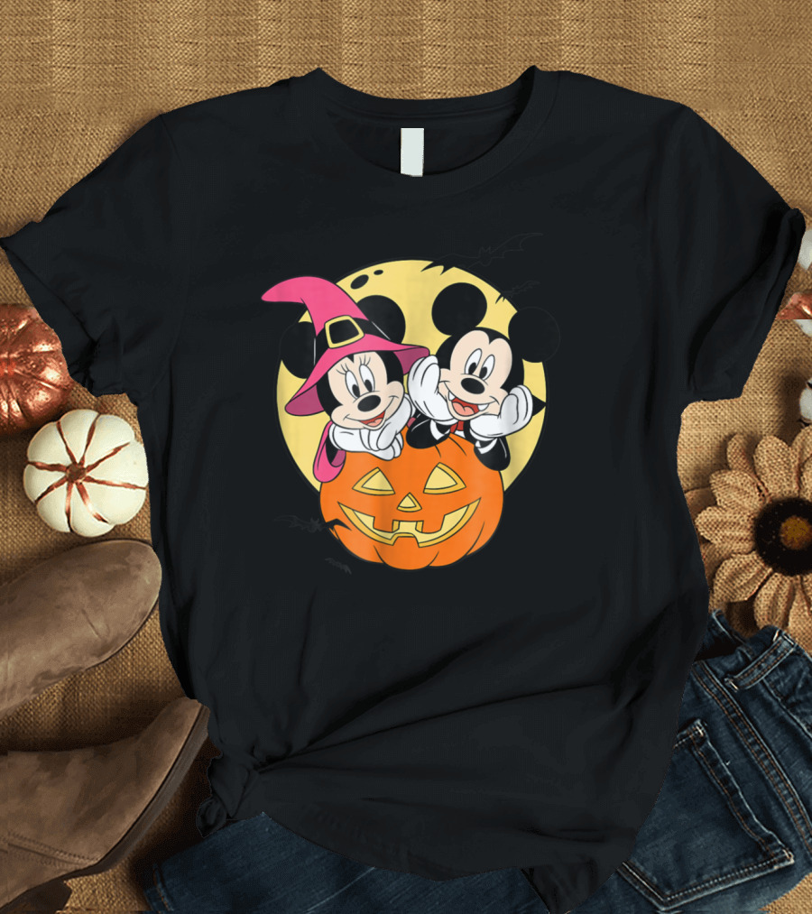 Disney Mickey And Minnie Halloween Pumpkin Moon Bats T-Shirt