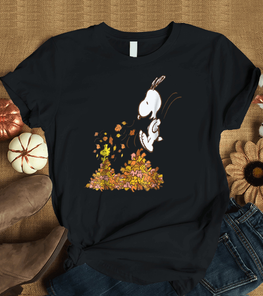 Peanuts Snoopy Jumping in Leaves with Woodstock Fall Fun T-Shirt