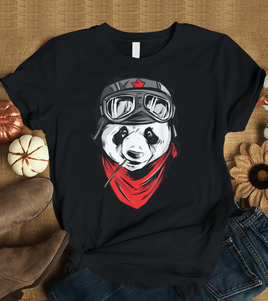 Giant Panda Bamboo Biker Bear Chinese Moto Goggles Red Star Scarf T-Shirt