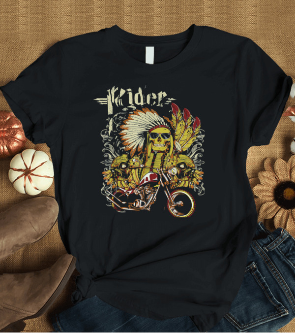 T-Shirt: Indian Rider Wild Biker Skull Headdress Feathers Motorcycle T-Shirt Indian Rider Wild Biker Skull Headdress Feathers Motorcycle T-Shirt