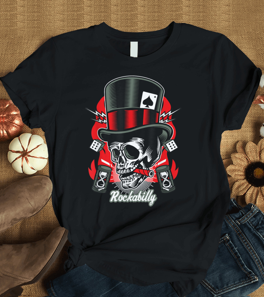 Rockabilly Skull Poker Rocker with Top Hat and Dice T-Shirt