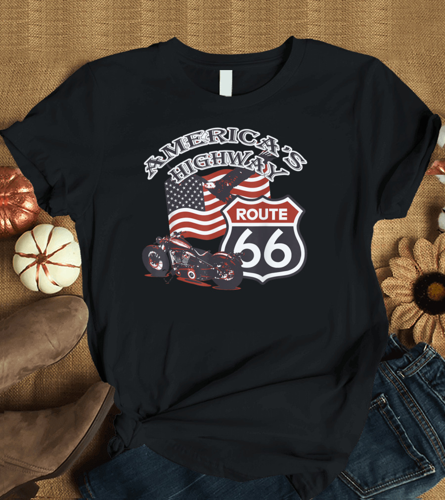 Route 66 America's Highway Motorcycle and USA Flag T-Shirt