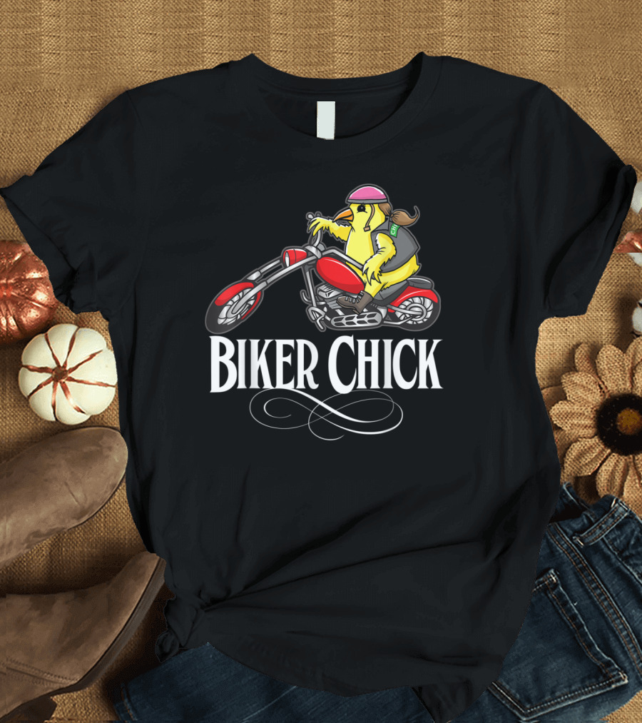 Biker Chick Motorcycle Riding Yellow Bird with Pink Helmet T-Shirt