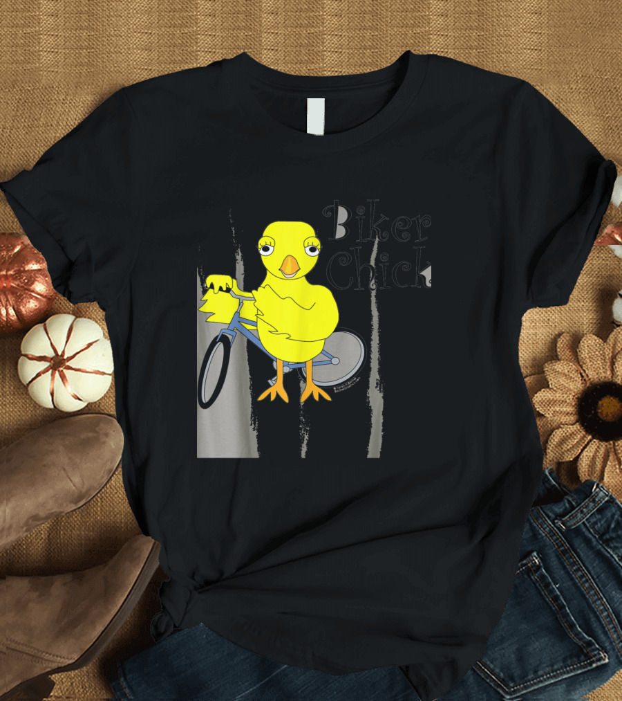 Biker Chick Riding Cartoon Bicycle Bird Image T-Shirt