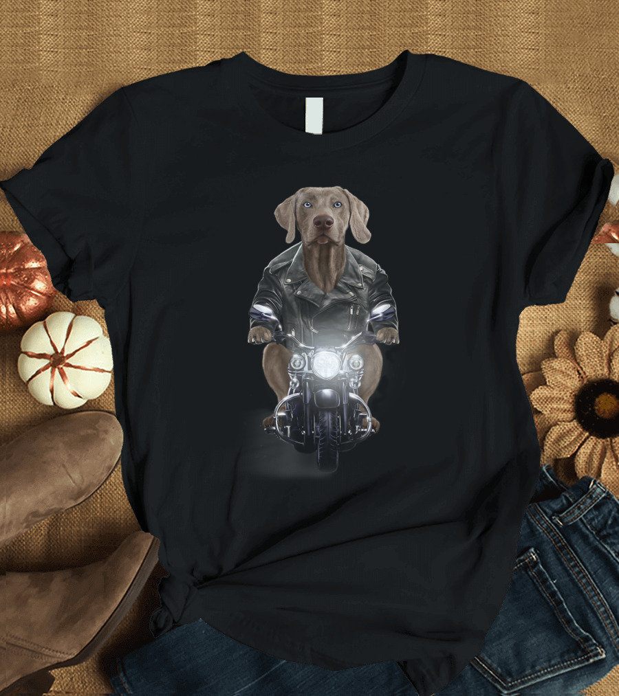 Biker Weimaraner Dog in Leather Jacket Riding Motorcycle T-Shirt