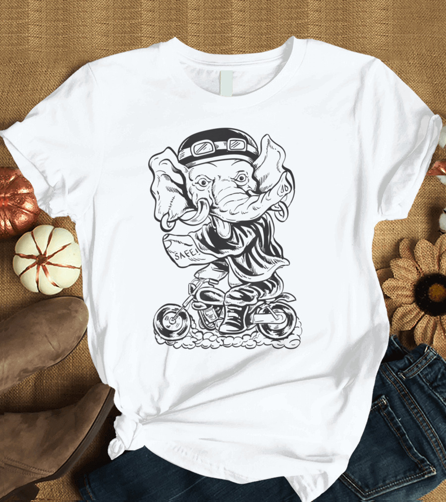 Elephant Riding Motorcycle Humorous Biker Character T-Shirt