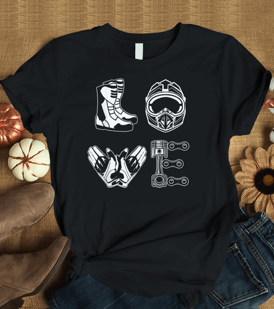 Love Motorbike Helmet Boots Gloves Engine Icons T-Shirt