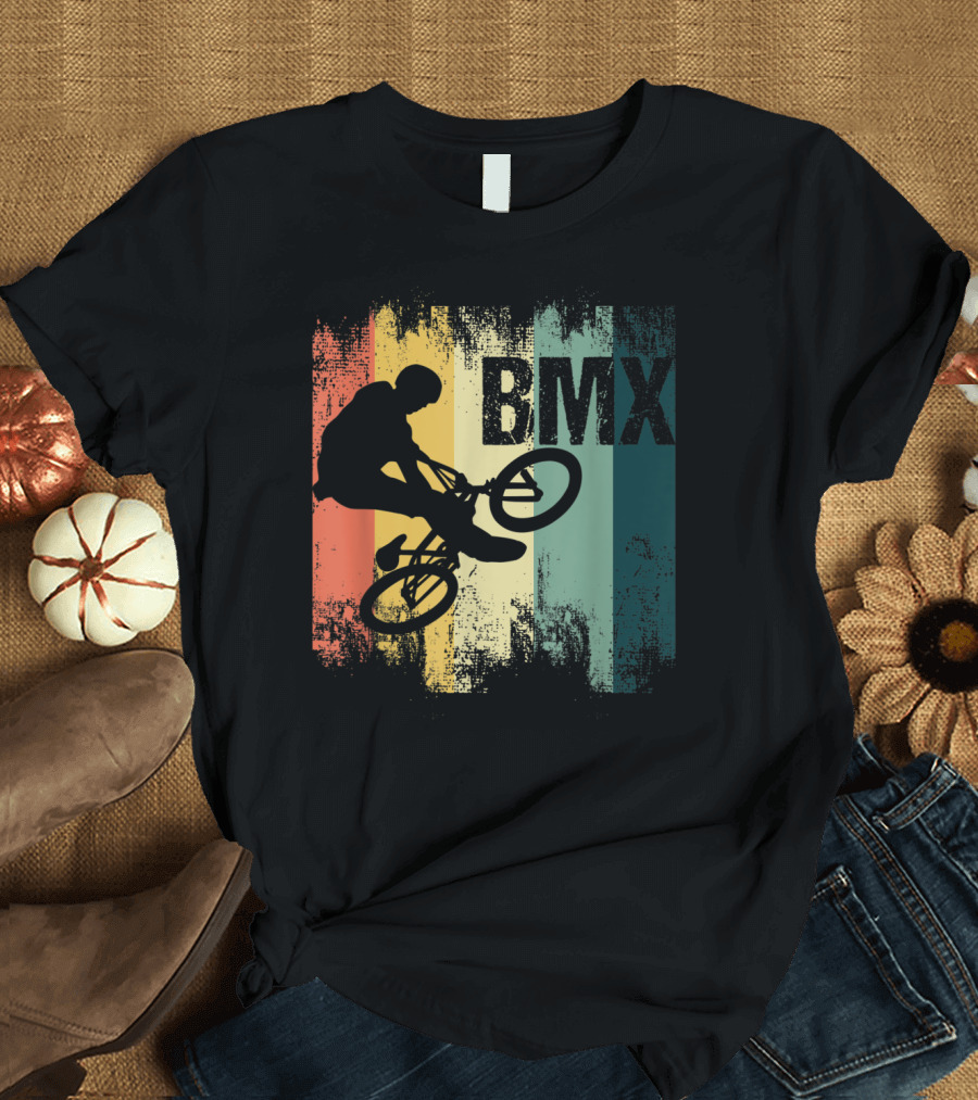 Retro BMX Bicycle Stunt Rider Silhouette with Colorful Stripes T-Shirt