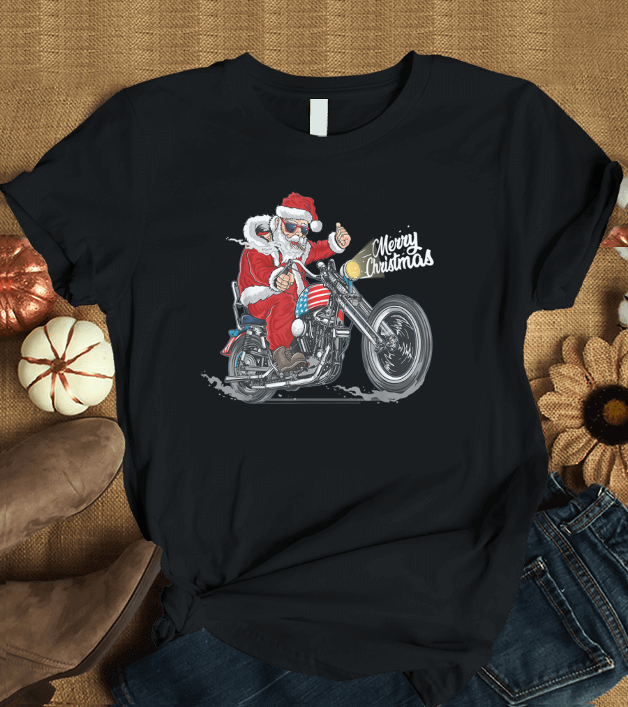 Merry Christmas Santa Claus Biker Motorcycle USA T-Shirt