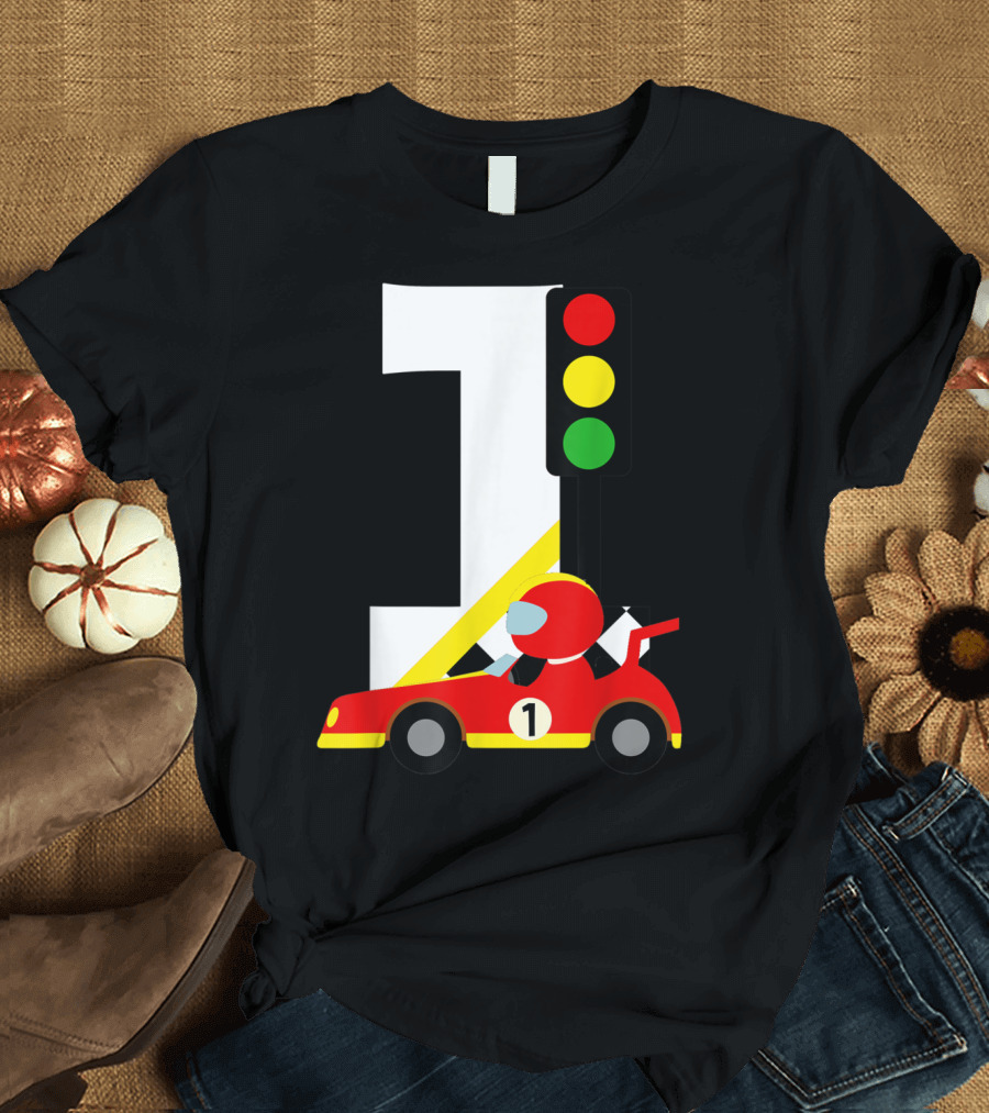 1st Birthday Race Car Racer with Number 1 and Traffic Light T-Shirt