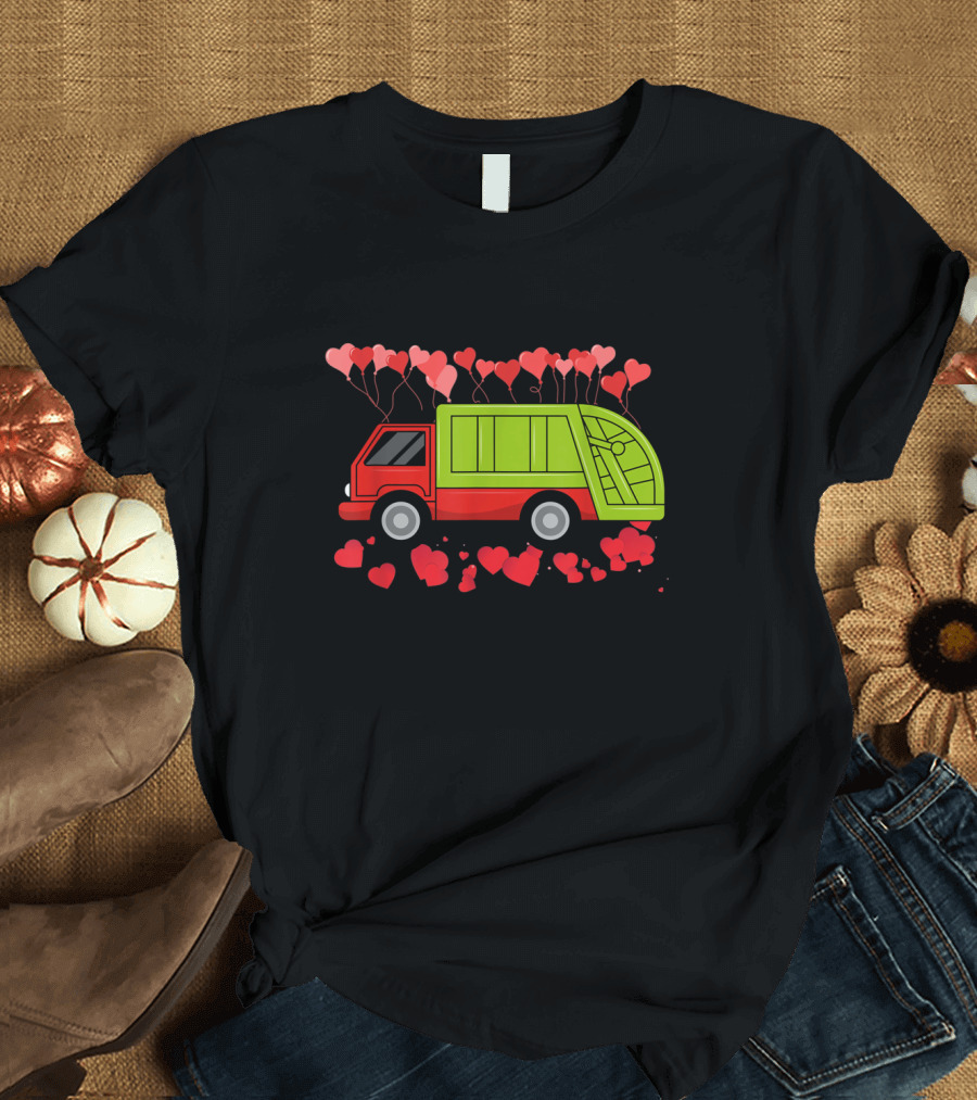 Garbage Truck with Hearts Balloons Red and Green Valentines Day T-Shirt
