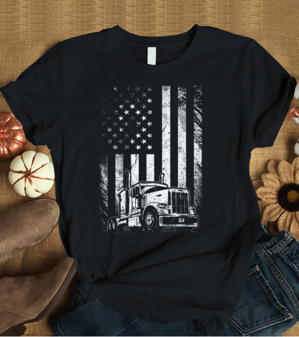 T-Shirt: Vintage Truck with American Flag Background for Men T-Shirt Vintage Truck with American Flag Background for Men T-Shirt