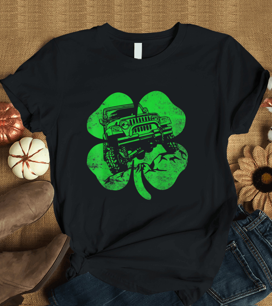 St Patrick's Off Road Distressed Shamrock Jeep Adventure T-Shirt