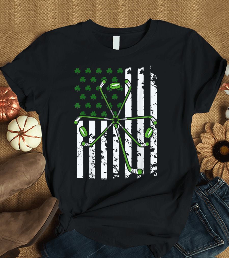 Irish American Hockey St Patrick's Day Flag Shamrock T-Shirt