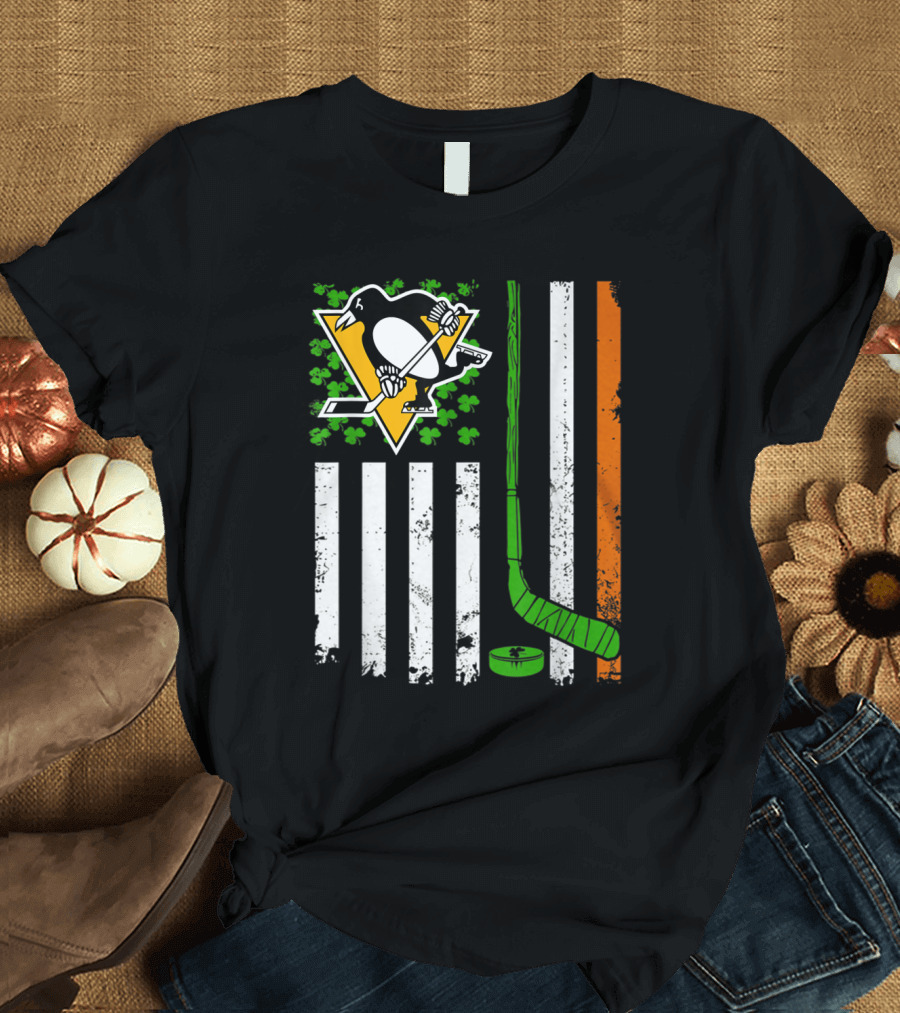 St Patrick Day Penguins Hockey Flag Irish American Team T-Shirt