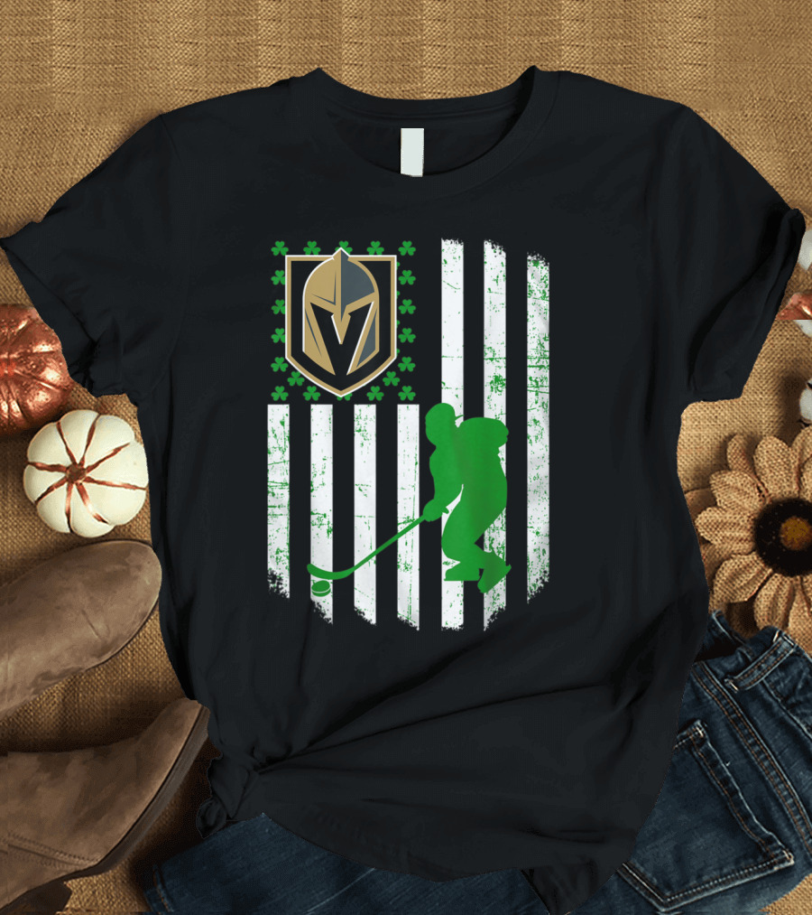 Vegas Golden Knights St Patrick's Day Hockey Flag with Shamrocks T-Shirt