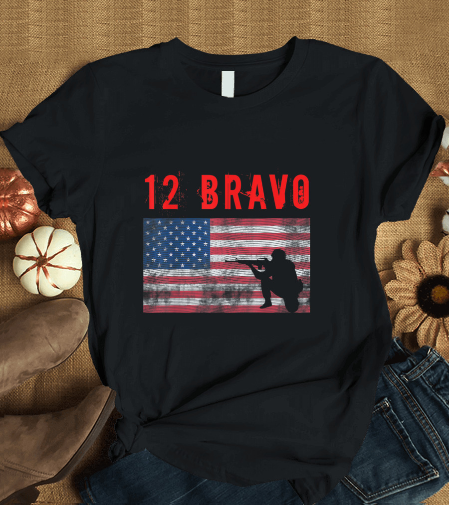 12 Bravo MOS Combat Engineer American Flag T-Shirt
