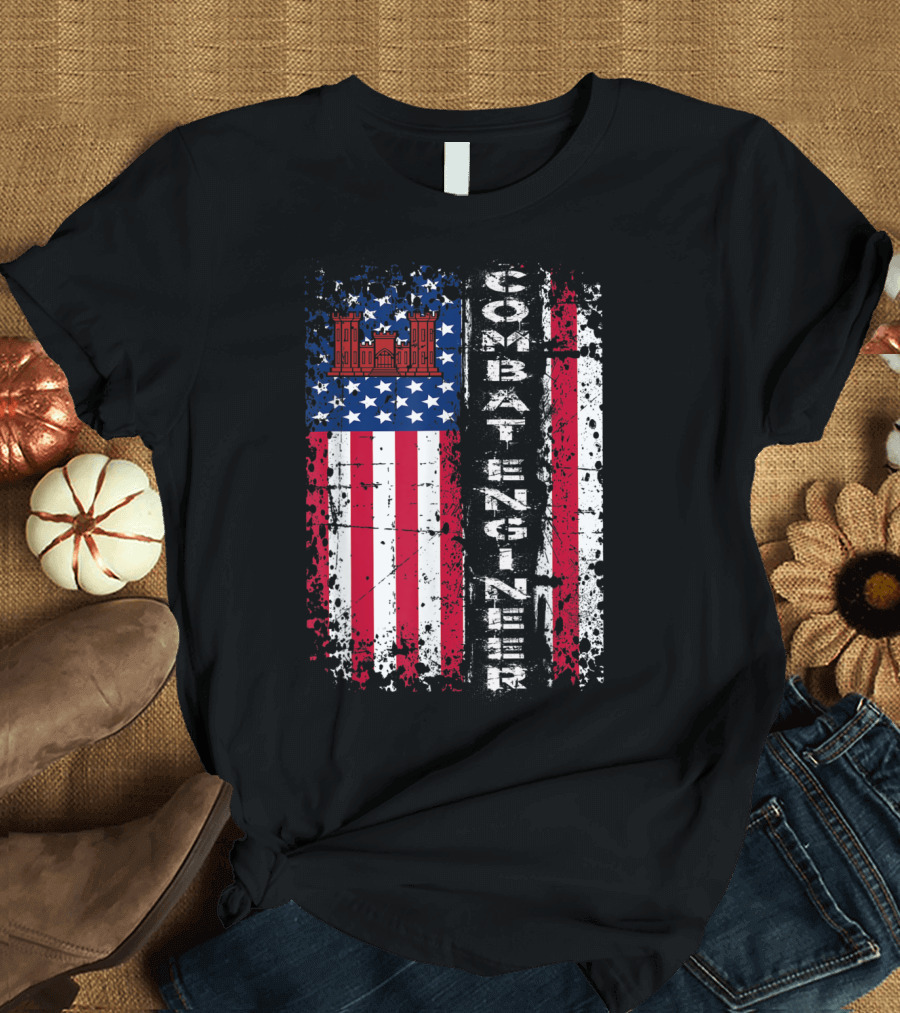 Combat Engineer Distressed American Flag U.S. Castle T-Shirt