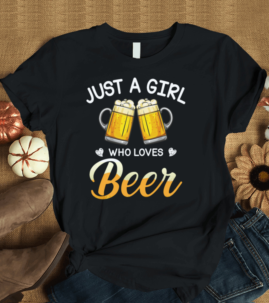 Just A Girl Who Loves Beer with Beer Mugs and Hearts T-Shirt