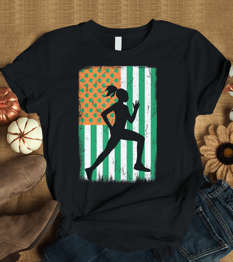 Female Runner Silhouette Irish American Flag St Patrick's Day T-Shirt