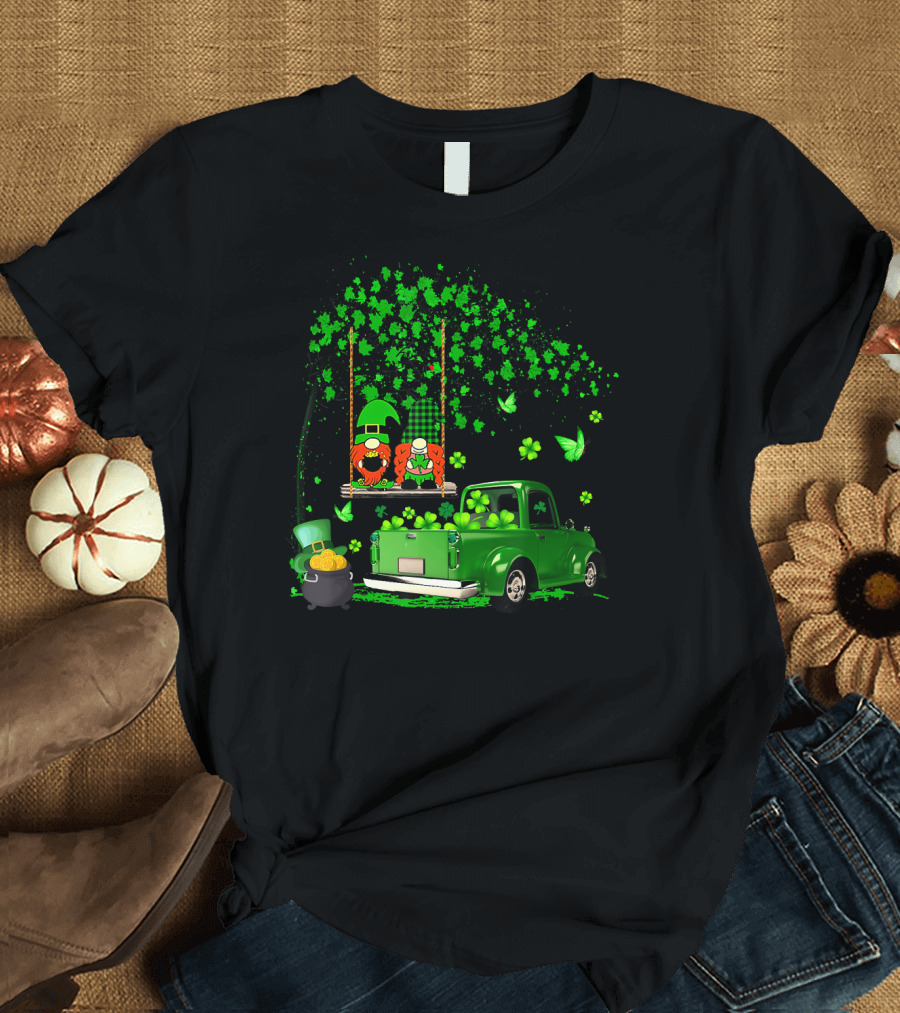 Happy Saint Patrick's Day Leprechaun Gnomes with Shamrocks and Green Truck T-Shirt