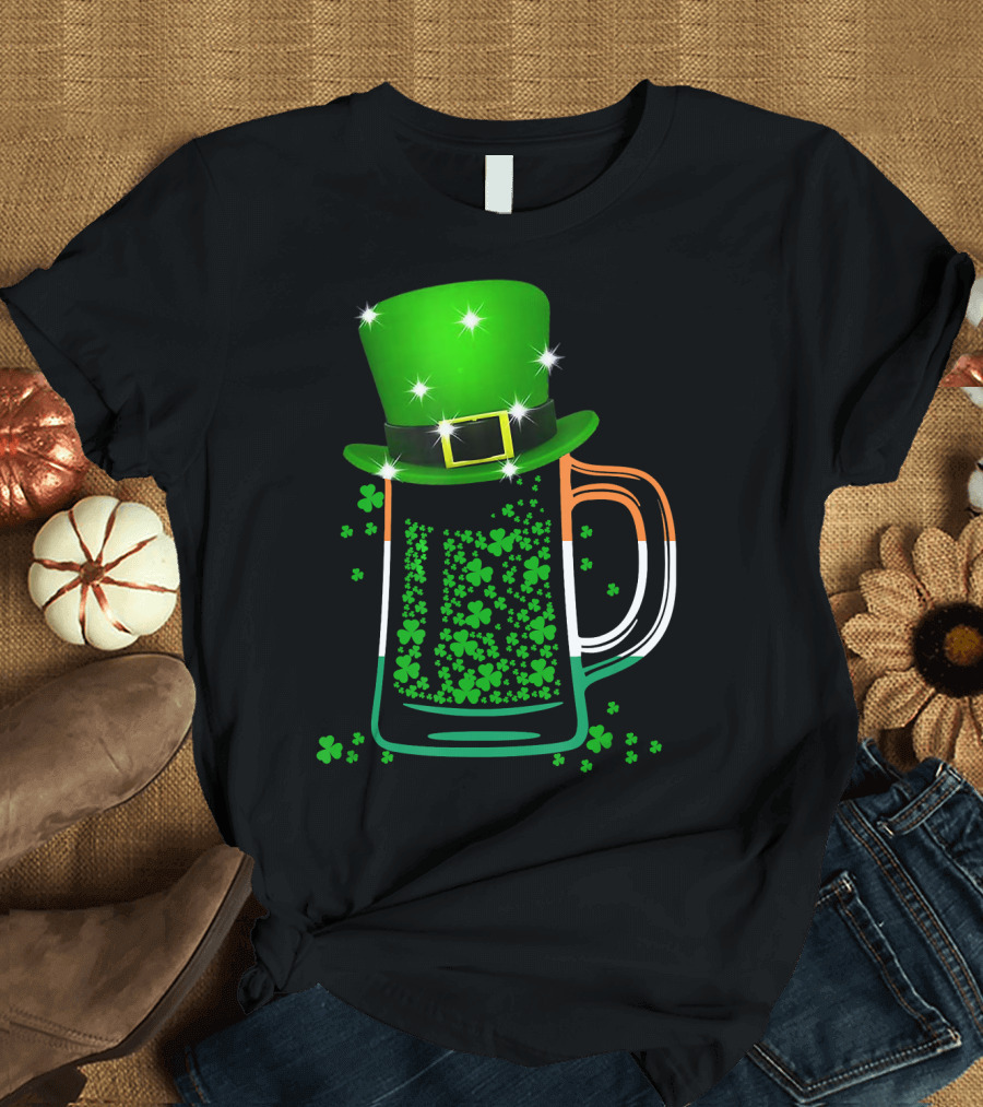 St Patrick's Day Shamrock Beer Glass with Green Leprechaun Hat T-Shirt