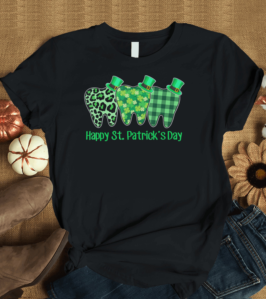 Happy St Patrick's Day Three Green Patterned Teeth with Hats T-Shirt