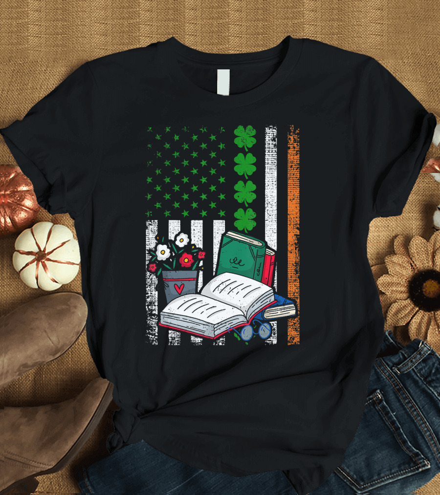 Irish American Flag Books Shamrock Lucky Librarian T-Shirt