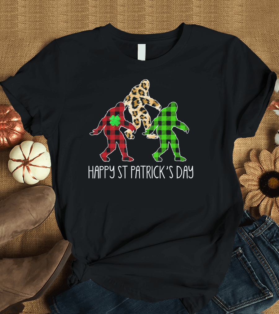 Happy St Patrick's Day Leopard Buffalo Plaid Bigfoot T-Shirt