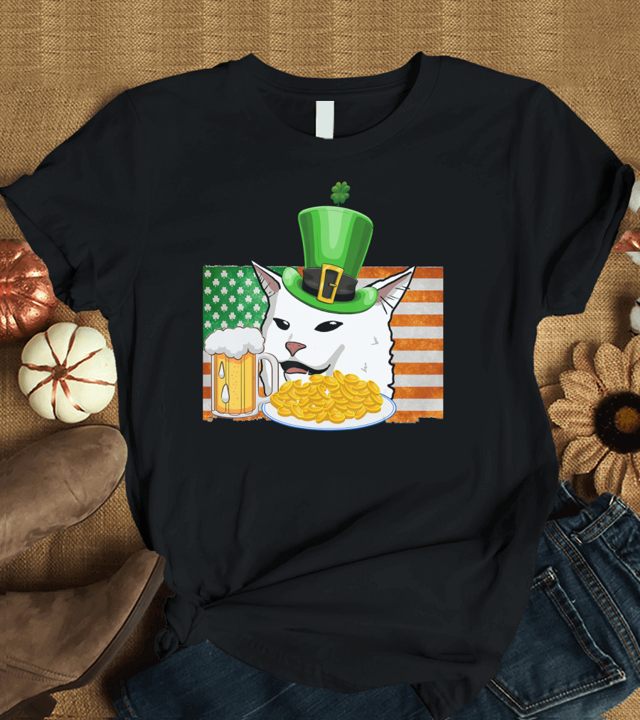 Saint Patricks Confused Cat Beer Coins Flag St Patrick's Day T-Shirt