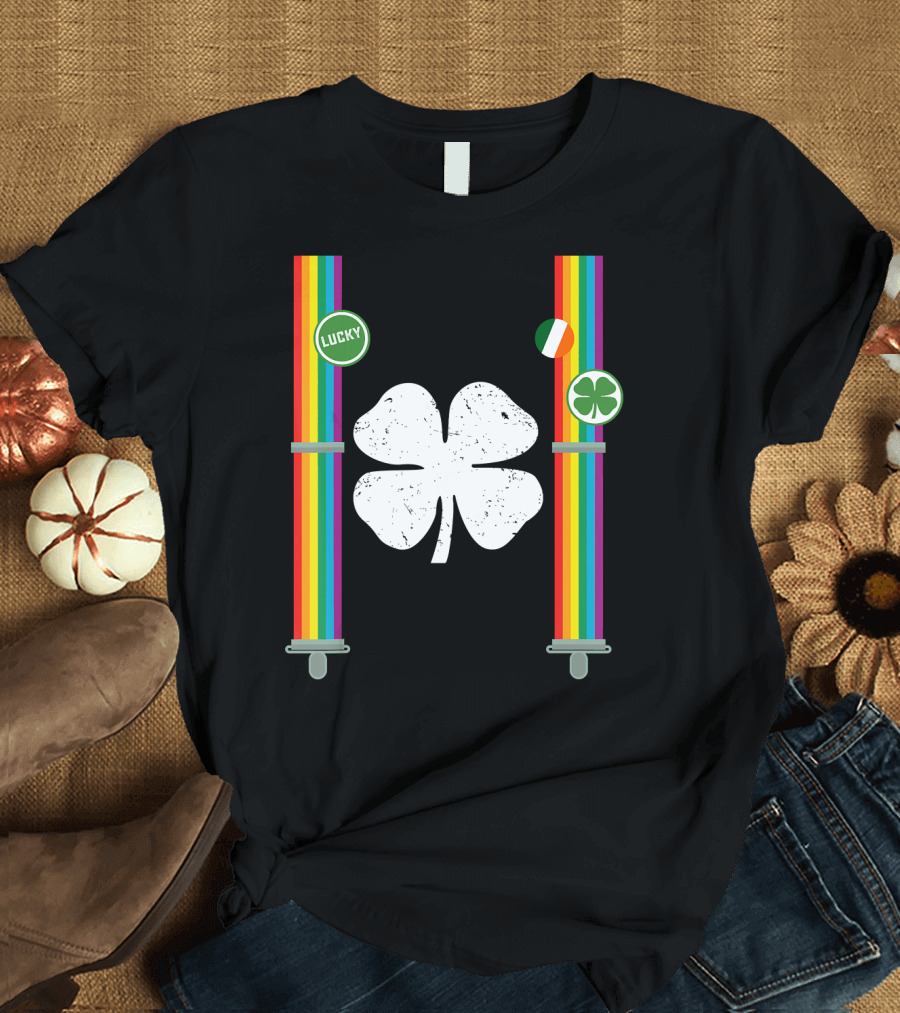 St. Patrick's Day Lucky Rainbow Suspenders Clover with Irish Flag T-Shirt