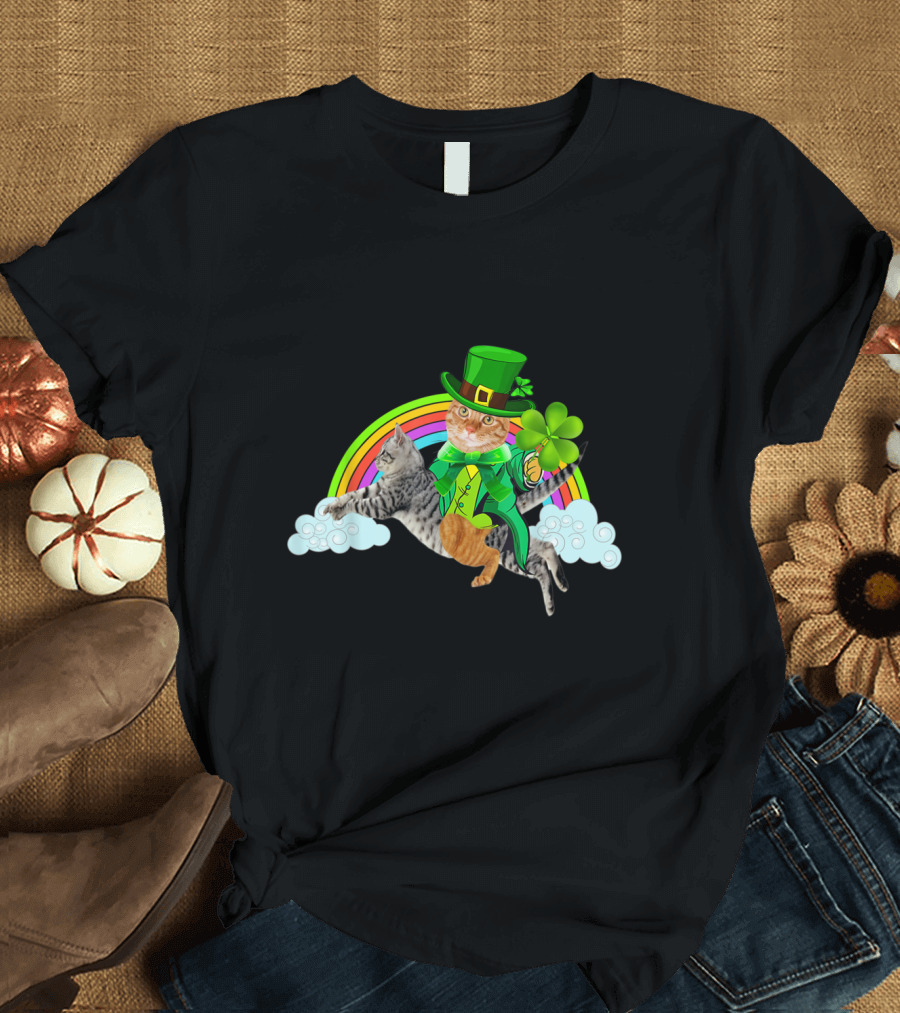 Leprechaun Cat with Clover Riding Cat Over Rainbow T-Shirt