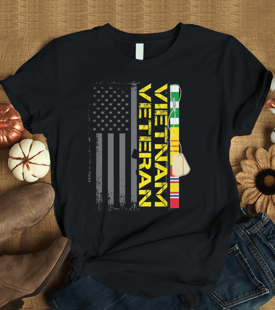 Vietnam Veteran US Flag Vietnam War Vet Dog Tags National Defense Service T-Shirt