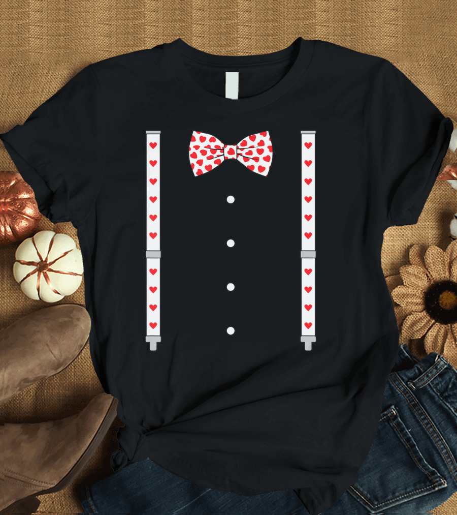 Hearts Pattern Bow Tie and Suspenders with Buttons T-Shirt